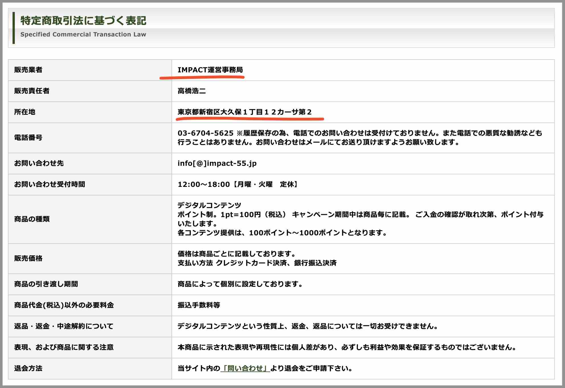 競馬情報専用サイト インパクト(IMPACT)という競馬予想サイトの特商法